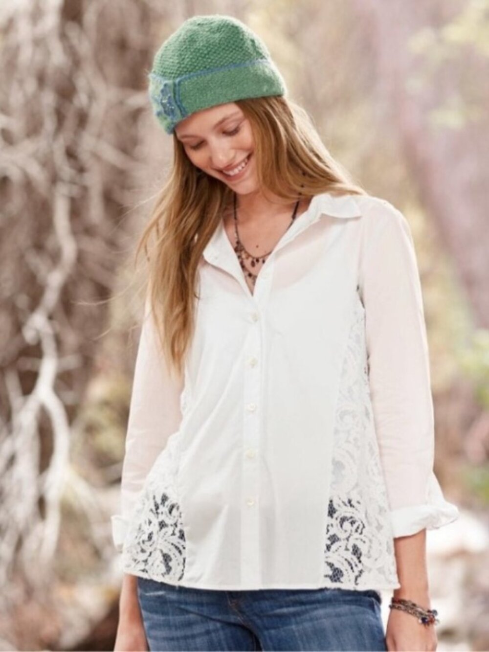 SUNDANCE Lace White Button Up Top Shirt NEW sz L  /B19